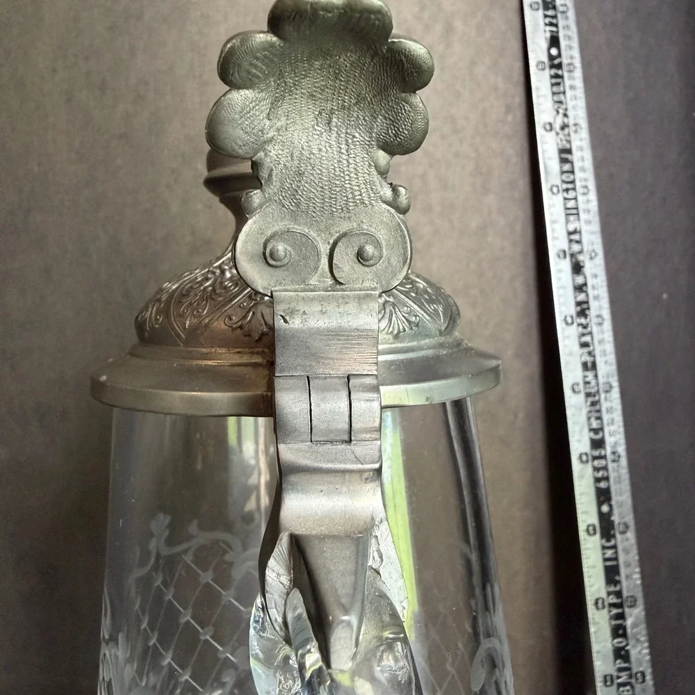 Antique Heinrich Beck Etched Glass Beer Stein Pewter Lid Mountain Goat Porcelain